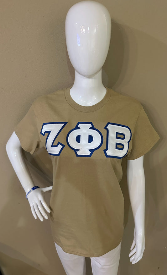 Zeta Phi Beta Khaki Embroidered Applique T-Shirt